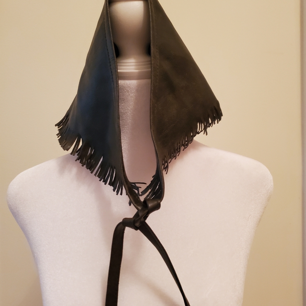 Leather Kerchief With Fringe Edges Vtg Brown - Picture 4 of 4